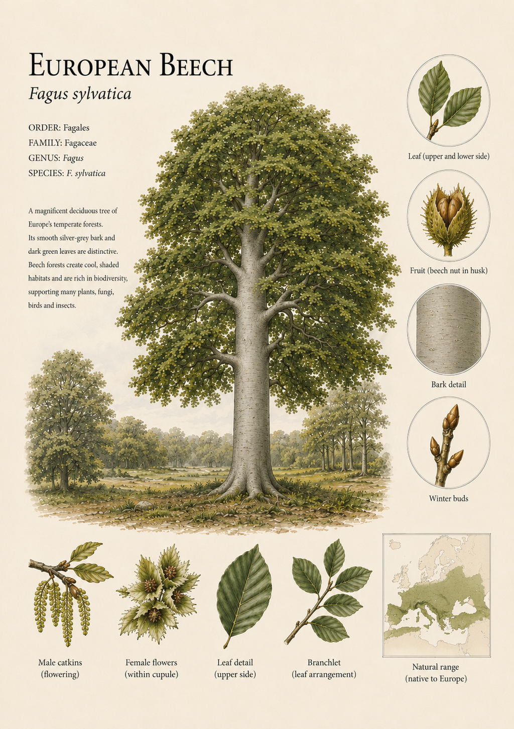 European Beech — Naturalist Field Plate | Printable Botanical Tree Wall Art