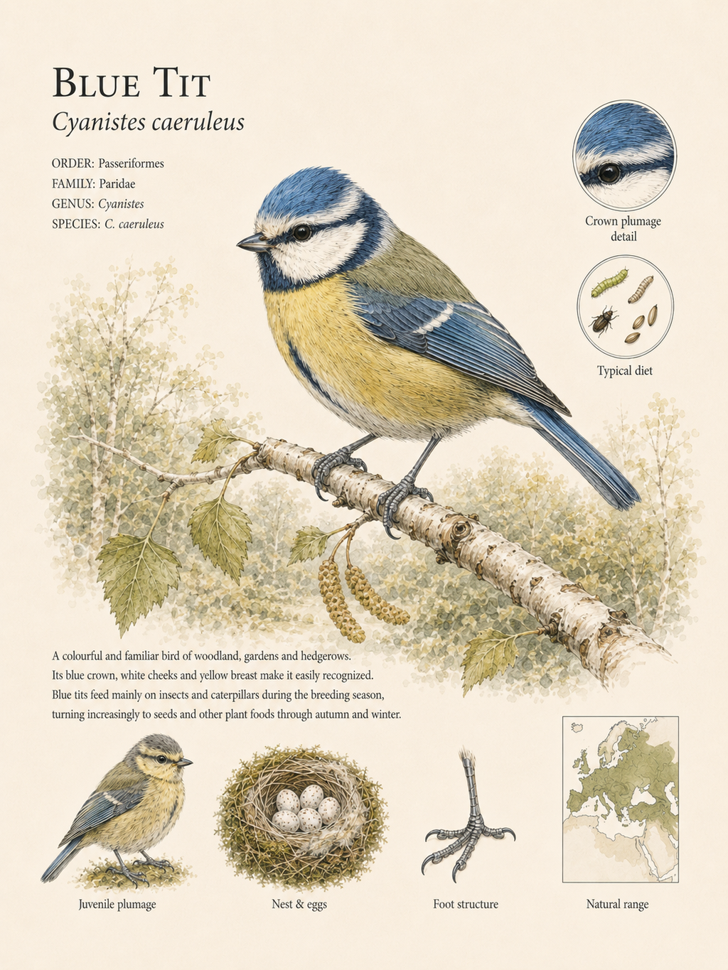 Blue Tit — Naturalist Field Plate | Printable Botanical Bird Wall Art