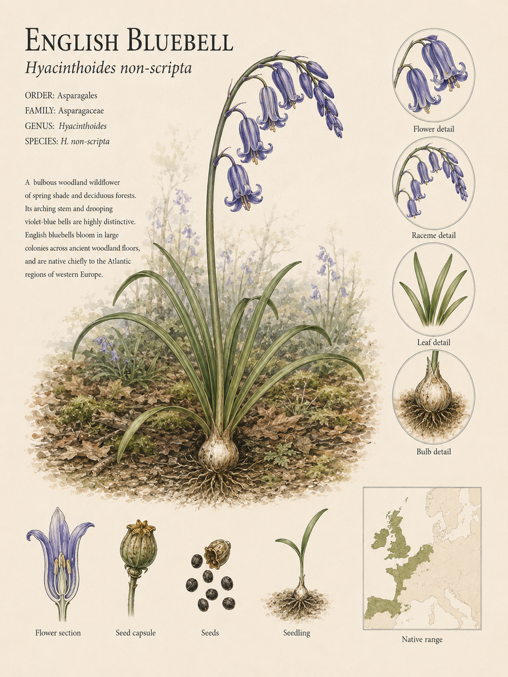 English Bluebell — Naturalist Field Plate | Printable Botanical Wildflower Wall Art