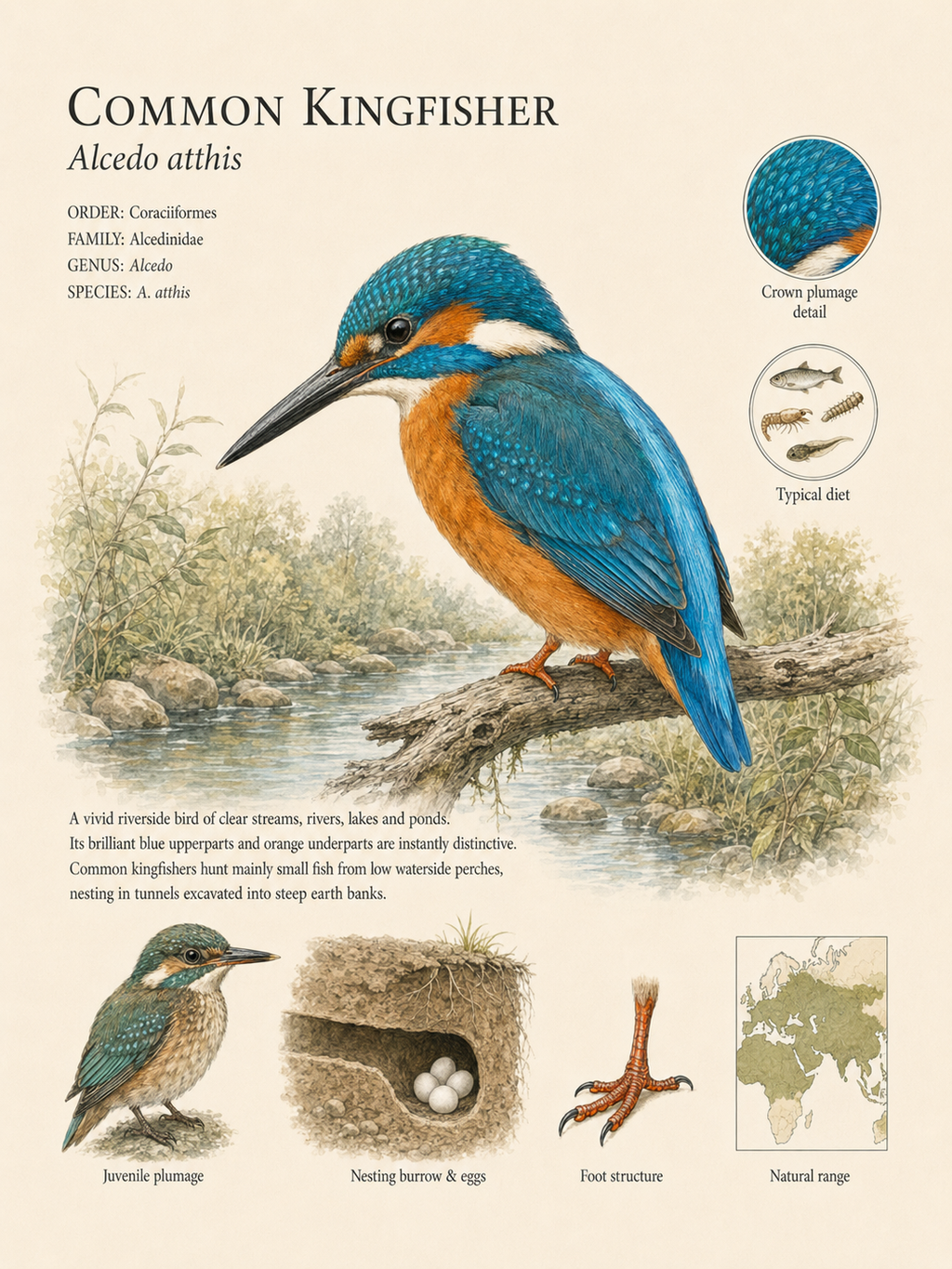 Common Kingfisher — Naturalist Field Plate | Printable Botanical Bird Wall Art