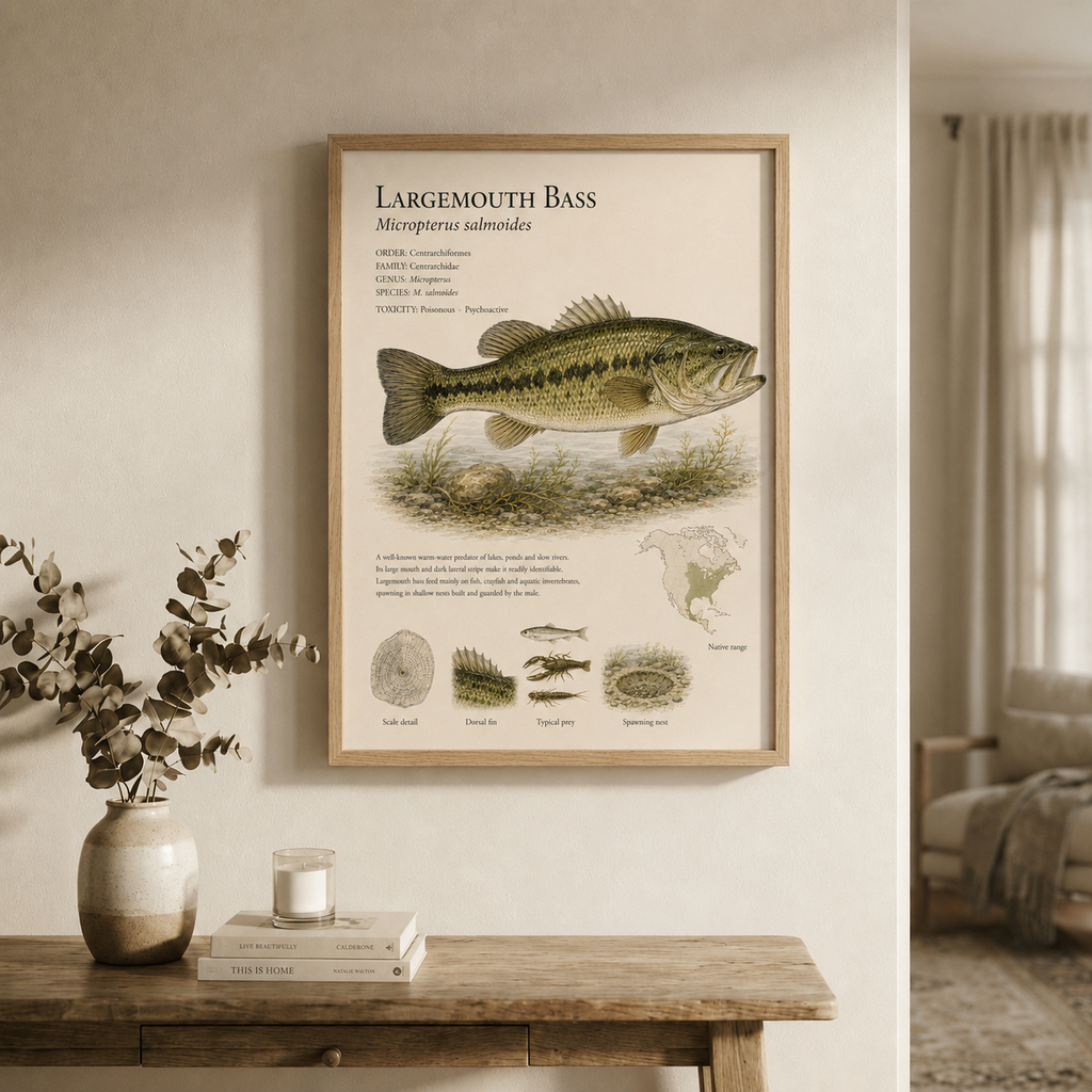 Largemouth Bass — Naturalist Field Plate | Printable Fish Wall Art