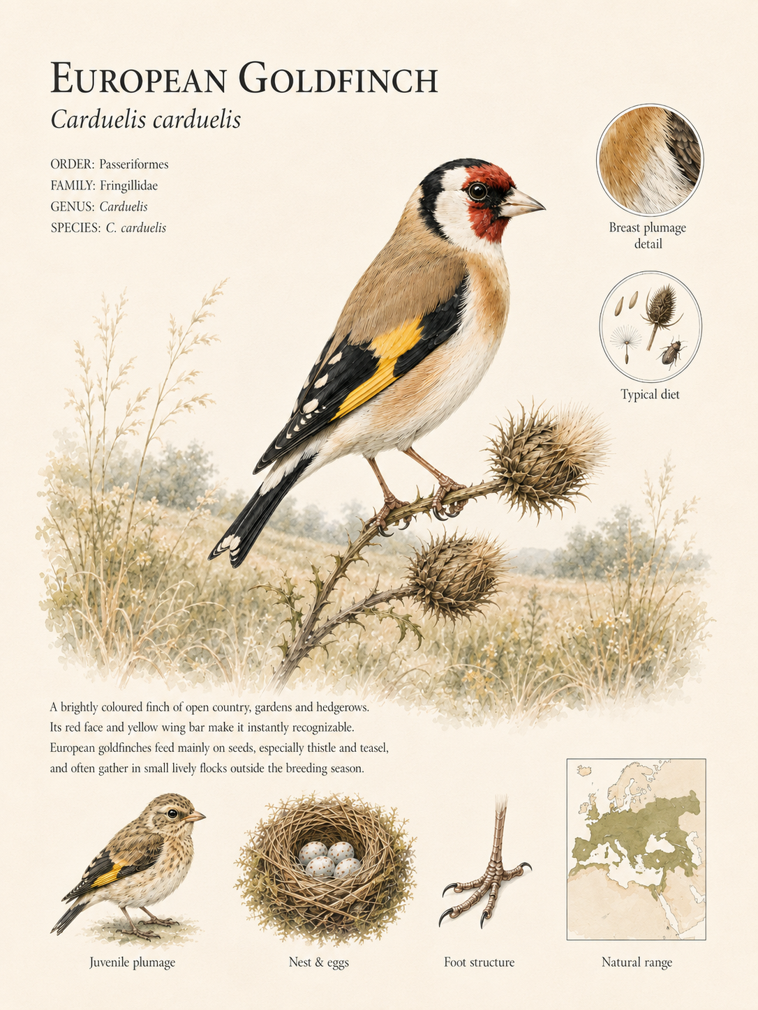 European Goldfinch — Naturalist Field Plate | Printable Botanical Bird Wall Art