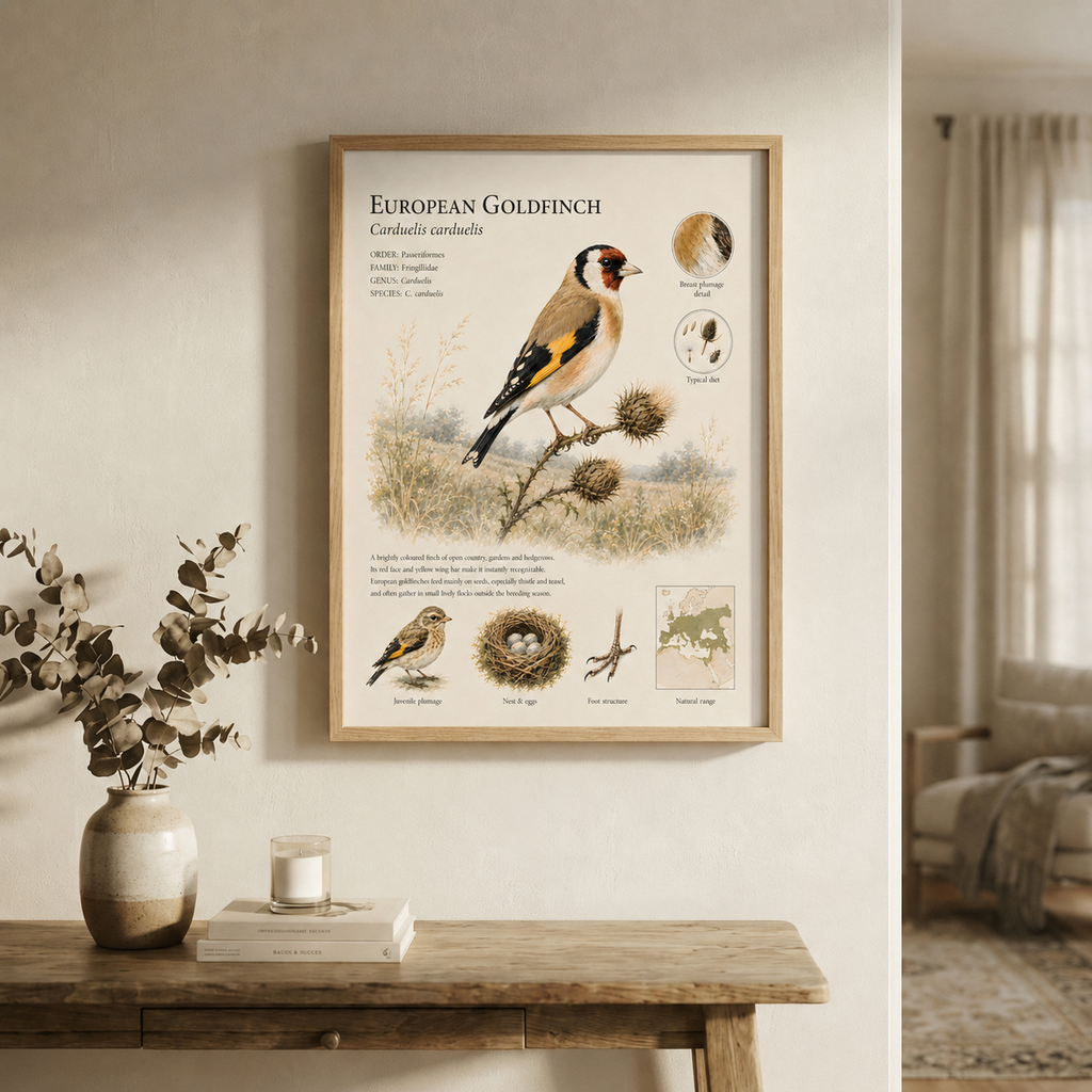 European Goldfinch — Naturalist Field Plate | Printable Botanical Bird Wall Art