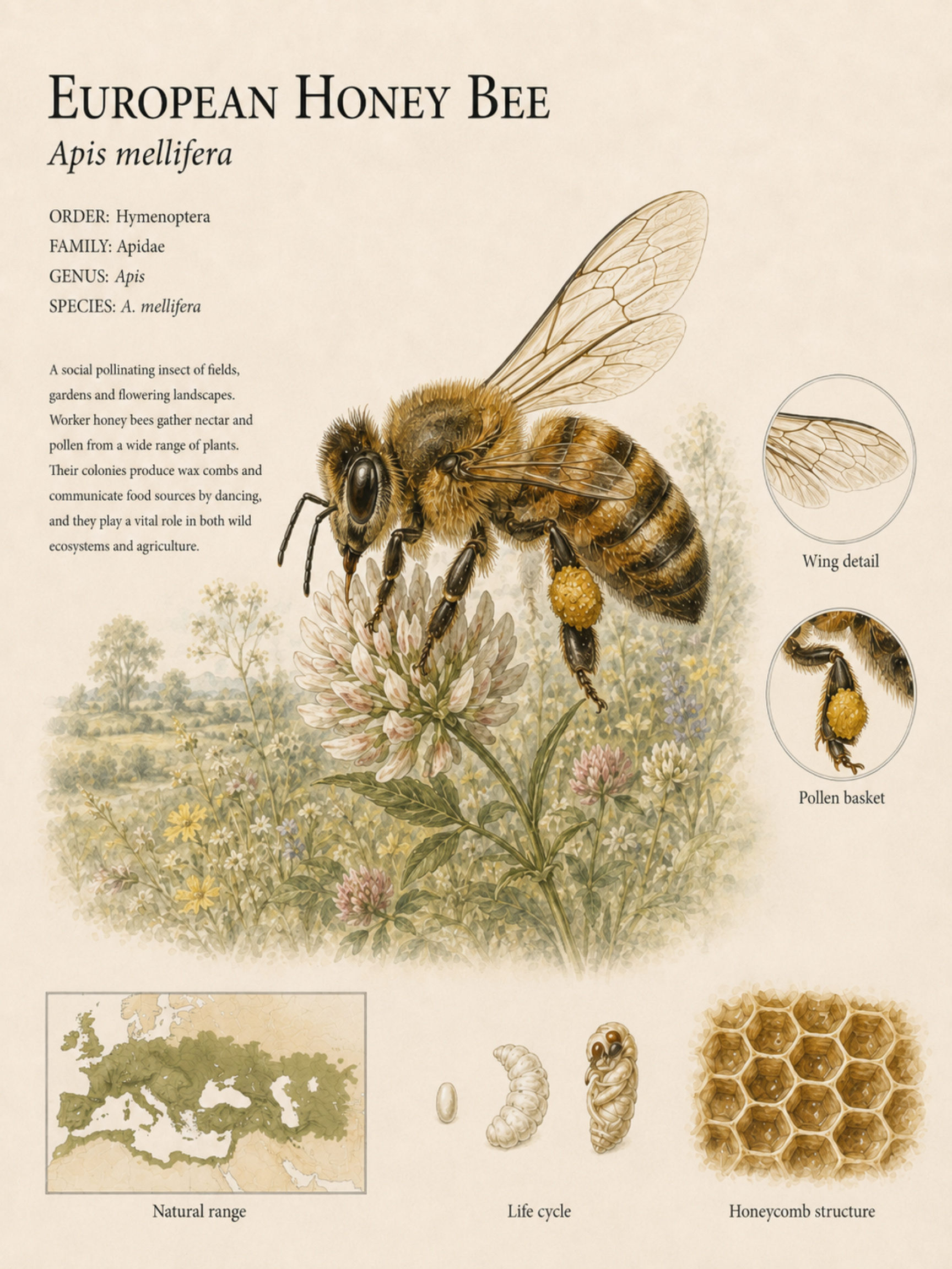 Honey Bee — Naturalist Field Plate | Printable Entomology Wall Art