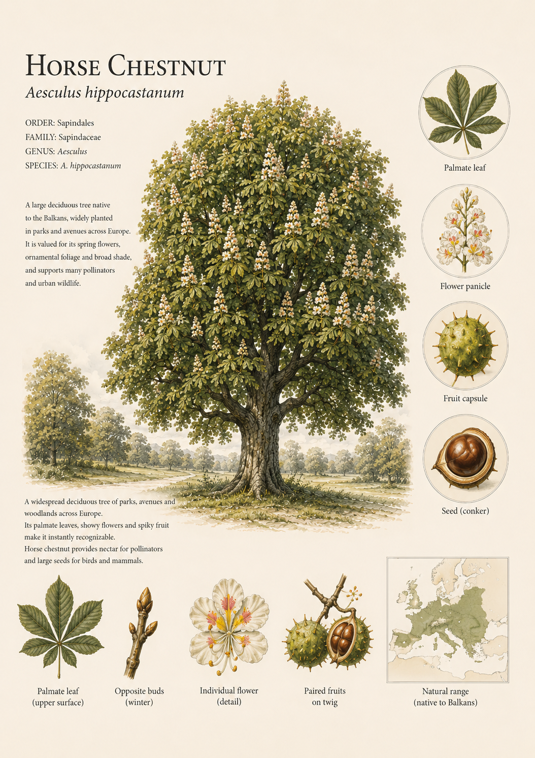 Horse Chestnut — Naturalist Field Plate | Printable Botanical Tree Wall Art