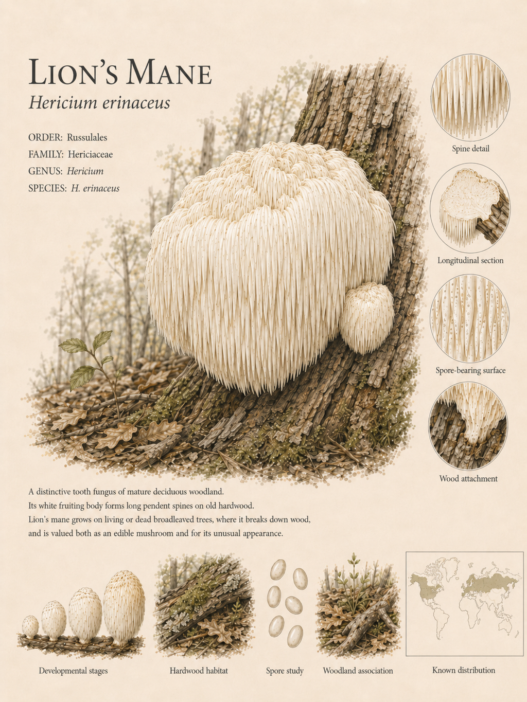 Lion's Mane — Naturalist Field Plate | Printable Mushroom Wall Art