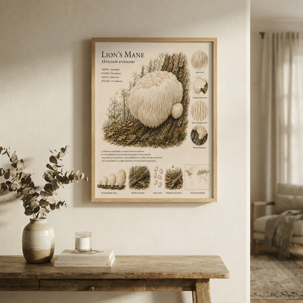 Lion's Mane — Naturalist Field Plate | Printable Mushroom Wall Art