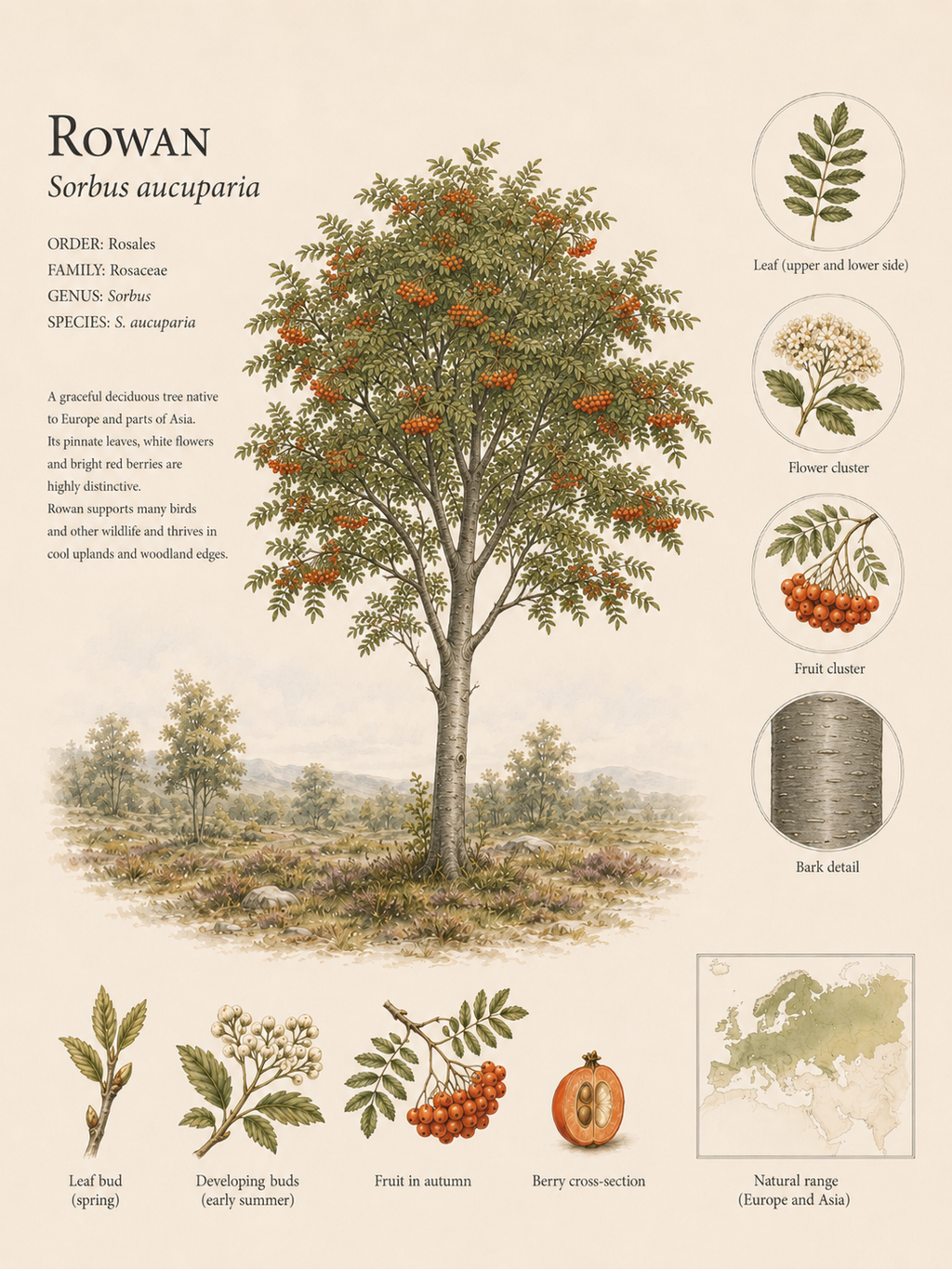 Rowan — Naturalist Field Plate | Printable Botanical Tree Wall Art