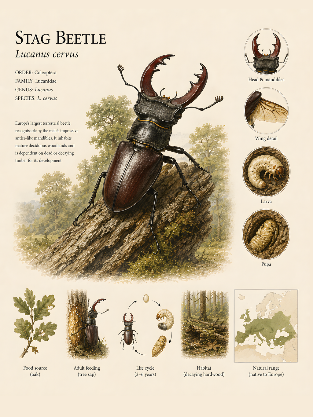 Stag Beetle — Naturalist Field Plate | Printable Entomology Wall Art