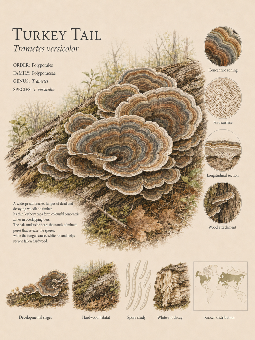 Turkey Tail — Naturalist Field Plate | Printable Mushroom Wall Art