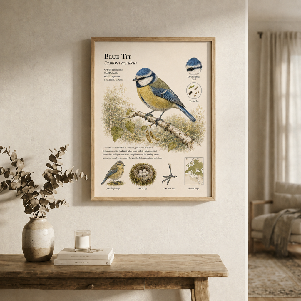 Blue Tit — Naturalist Field Plate | Printable Botanical Bird Wall Art