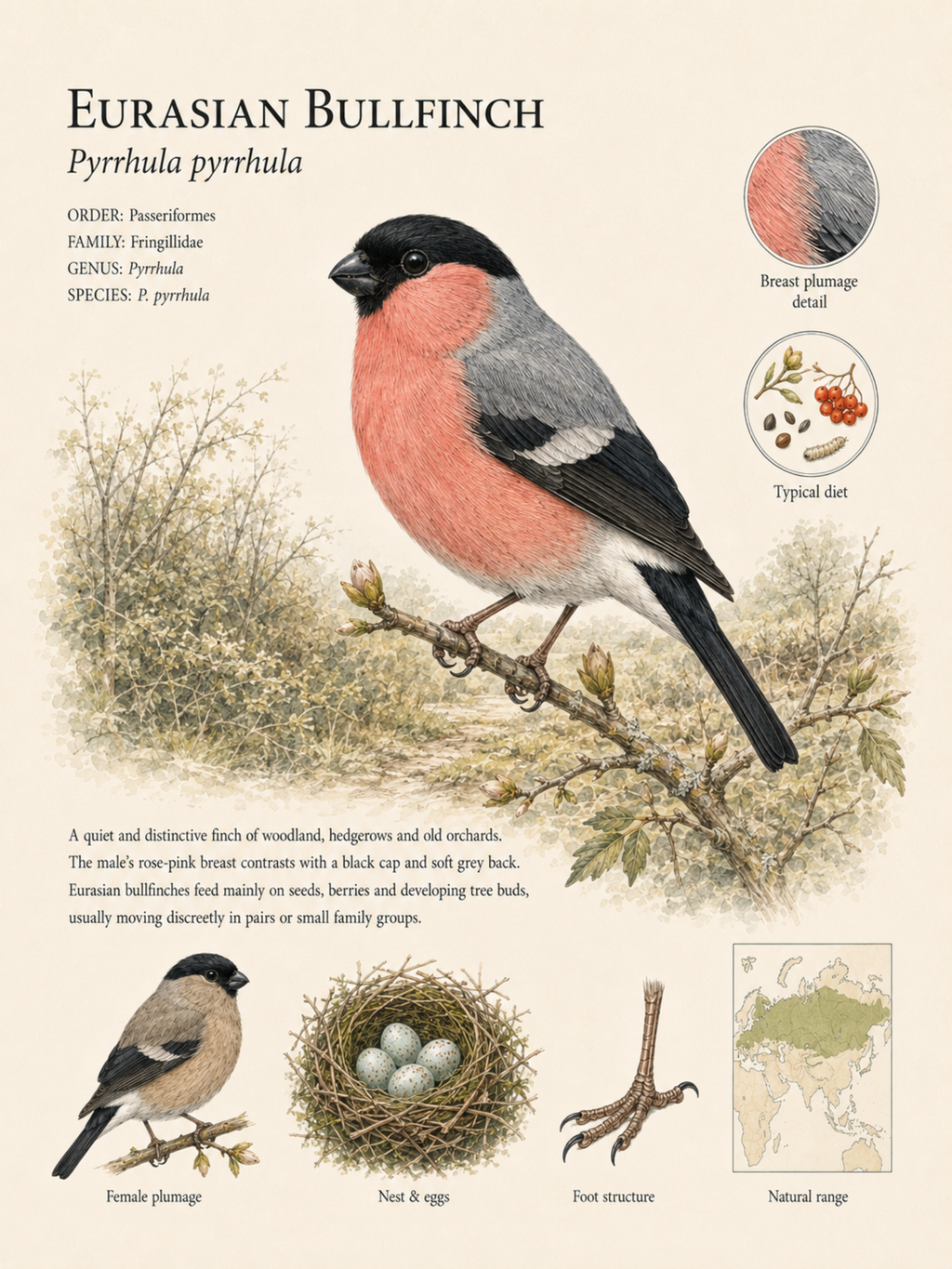 Eurasian Bullfinch — Naturalist Field Plate | Printable Botanical Bird Wall Art