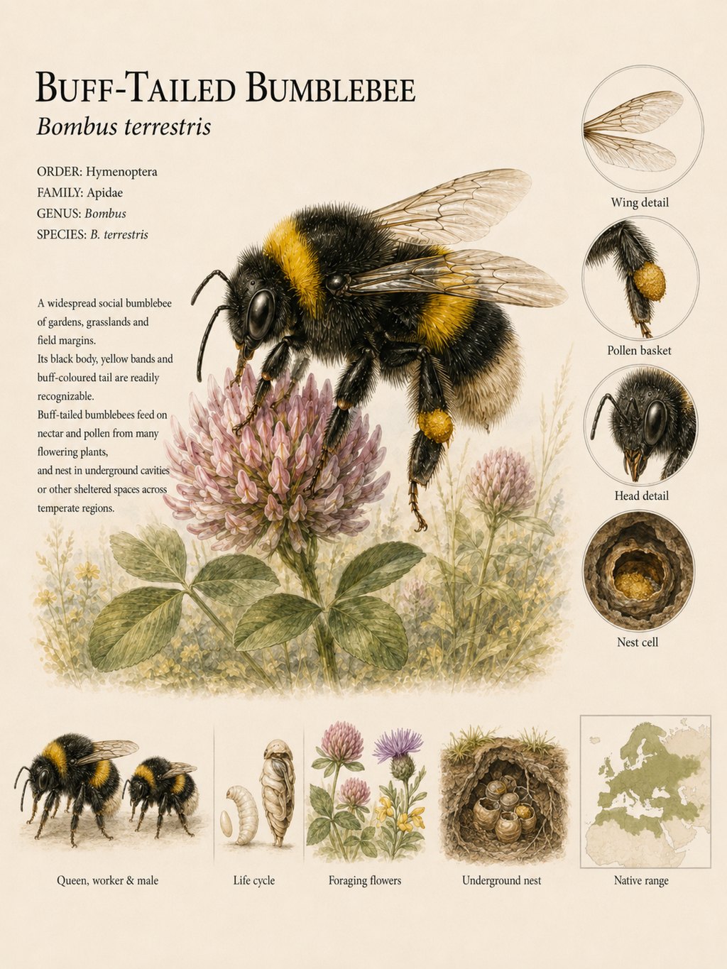 Buff-Tailed Bumblebee — Naturalist Field Plate | Printable Entomology Wall Art