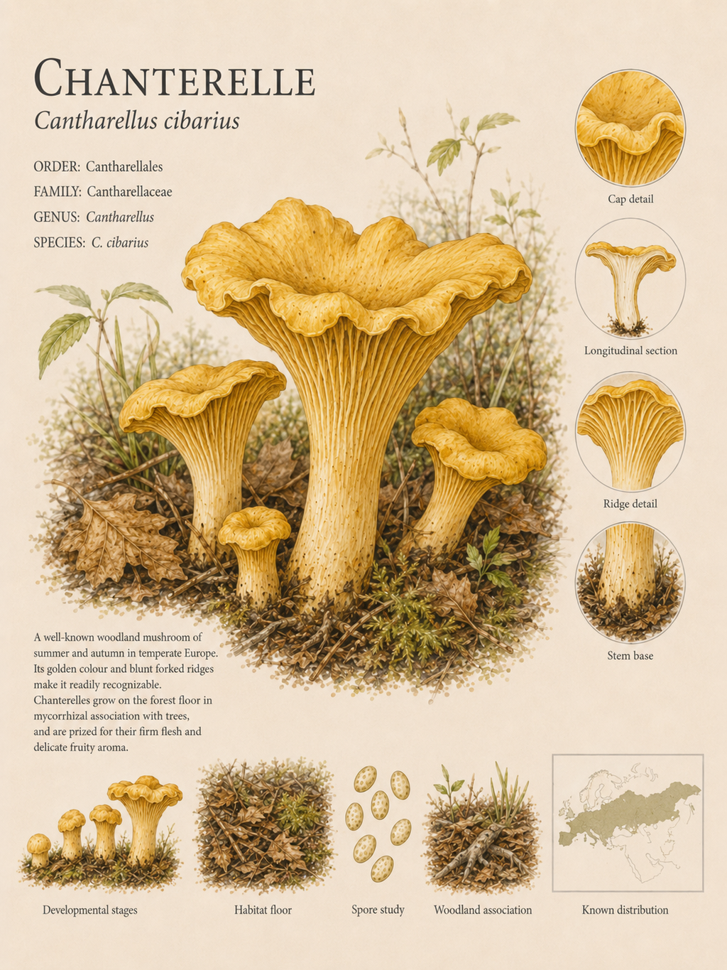Chanterelle — Naturalist Field Plate | Printable Mushroom Wall Art