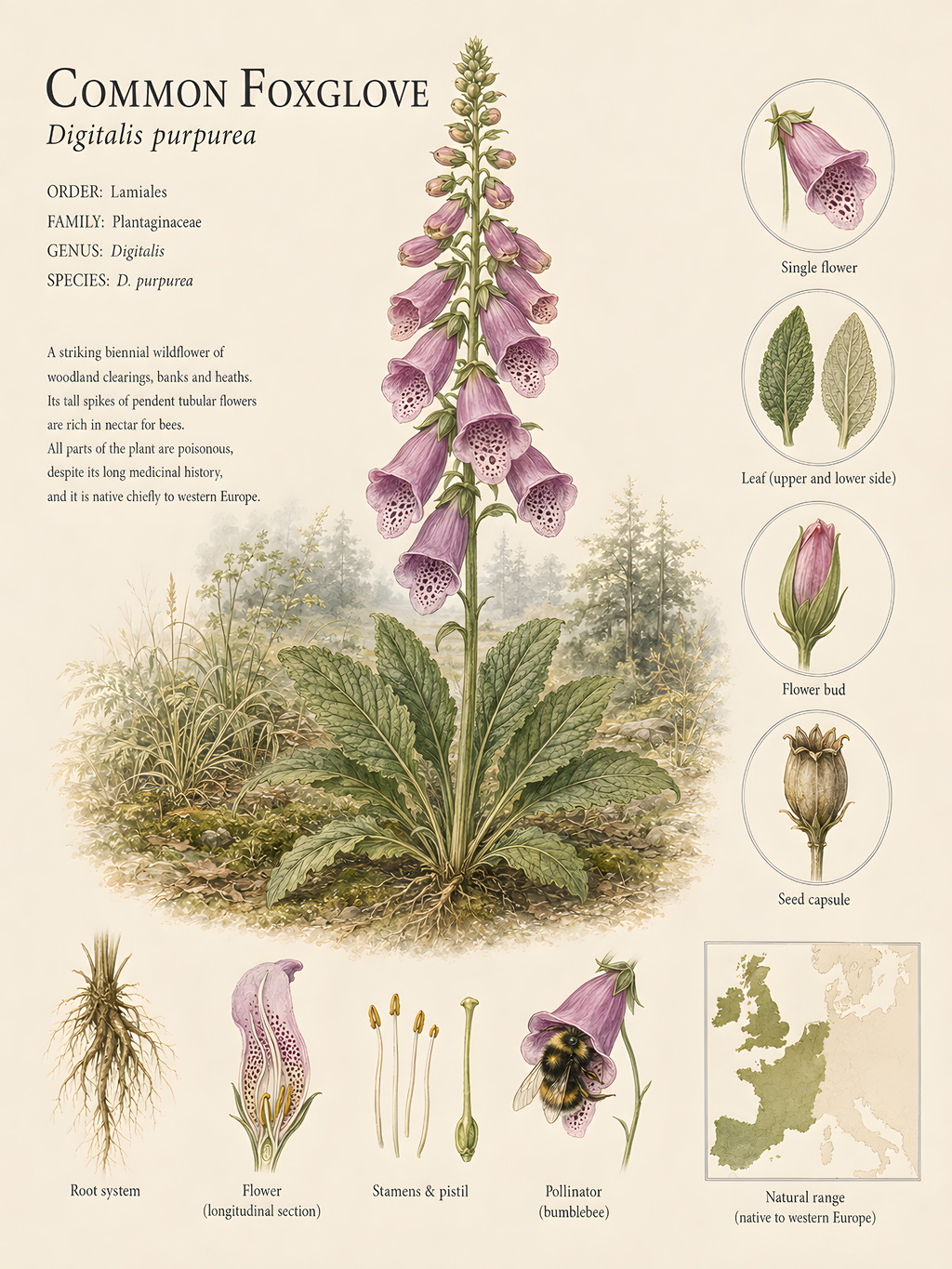 Foxglove — Naturalist Field Plate | Printable Botanical Wildflower Wall Art