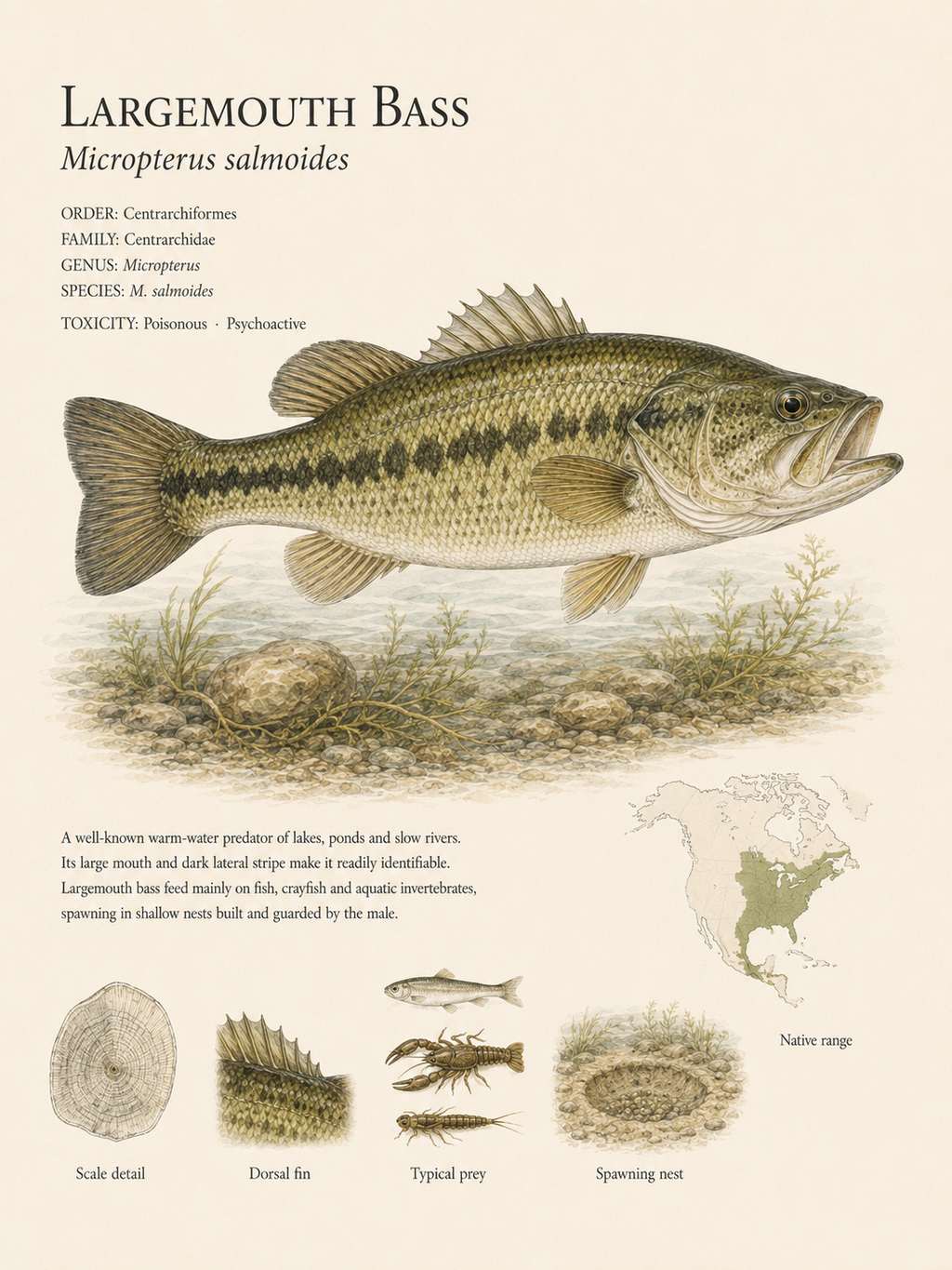 Largemouth Bass — Naturalist Field Plate | Printable Fish Wall Art