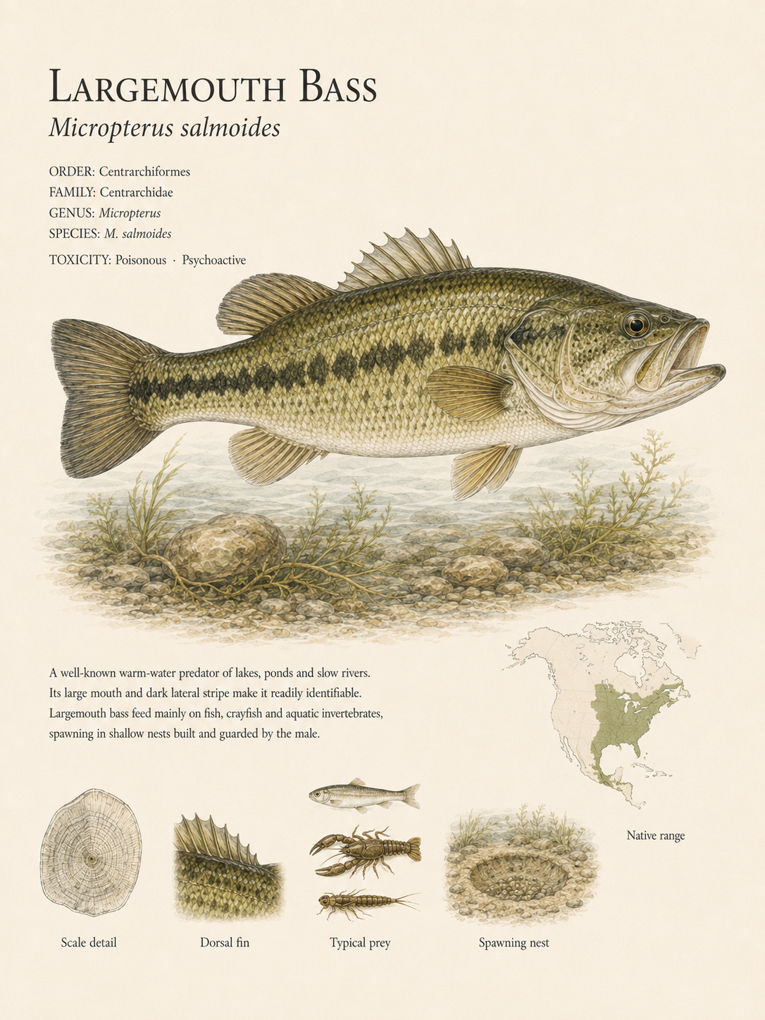 Largemouth Bass — Naturalist Field Plate | Printable Fish Wall Art