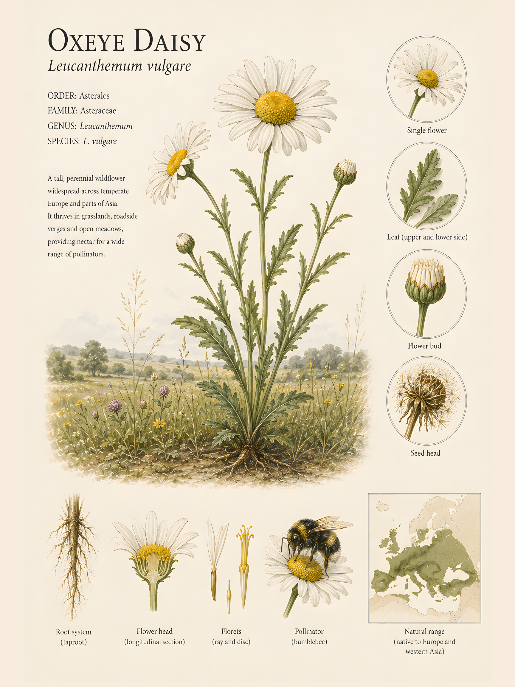 Oxeye Daisy — Naturalist Field Plate | Printable Botanical Wildflower Wall Art
