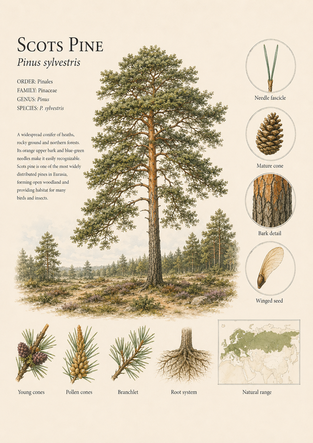 Scots Pine — Naturalist Field Plate | Printable Botanical Tree Wall Art