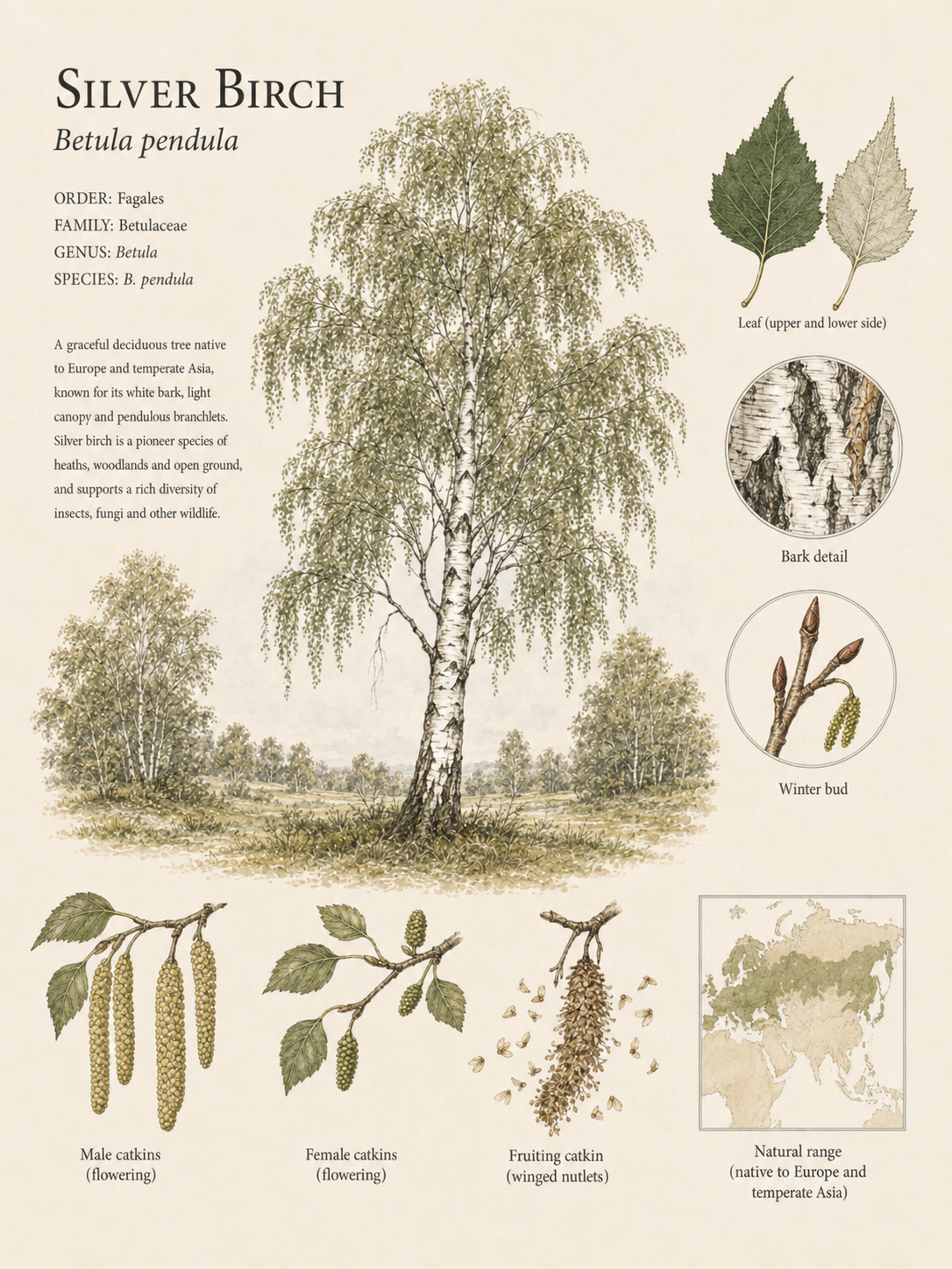 Silver Birch — Naturalist Field Plate | Printable Botanical Tree Wall Art